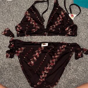 Lucky Brand Brown and Ref Floral Bikini Set